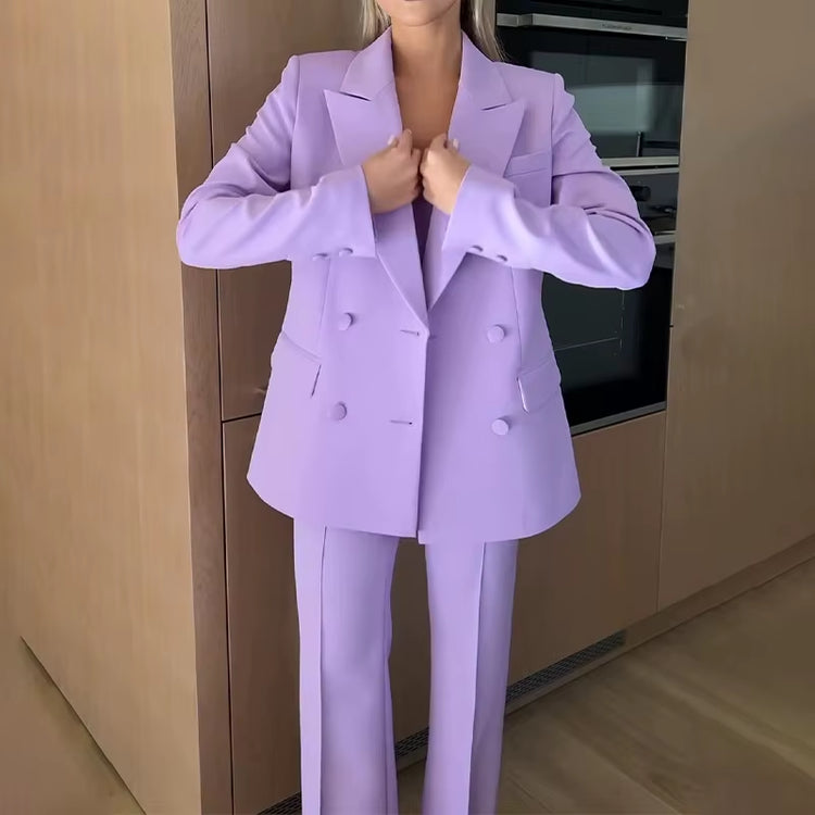 Autumn Fashion Commuter Suit Set Loose V-Neck Collar Button Decor Woven Corset Pants Coat Casual Style Spring Season