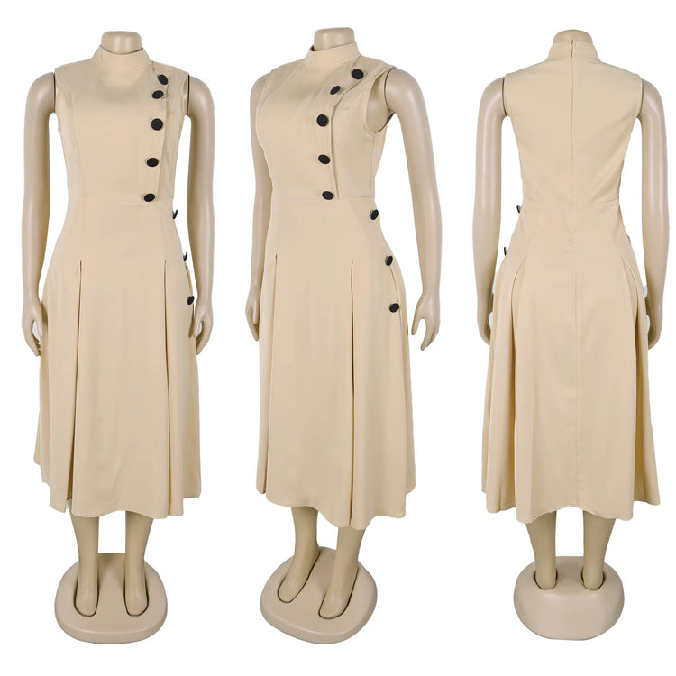 S-3XL 2025 Summer Dress Elegant Stand up Collar Sleeveless Button Office plus Size A-Line Women&