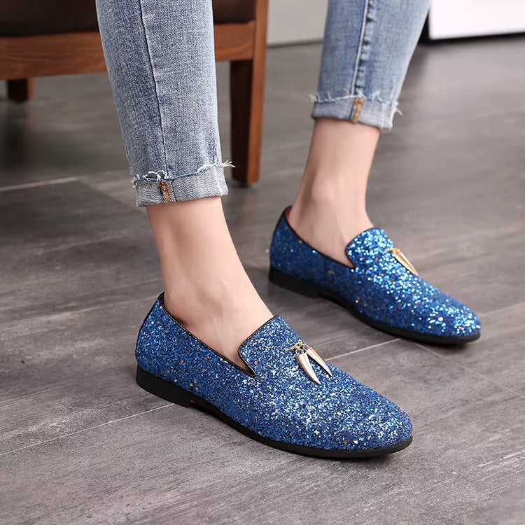Size 38-48 Glitters Shining Material Slip on Durable Dress Shoes Comfortable Mens Formal White Shoes