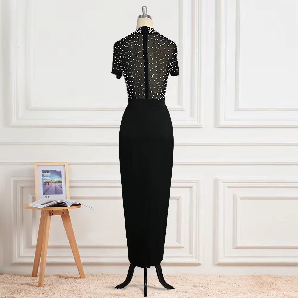 Ocstrade Lady Elegant Party Luxurious Sexy See-Through Tulle Beaded Pearls High Neck Short Sleeve Split Women&