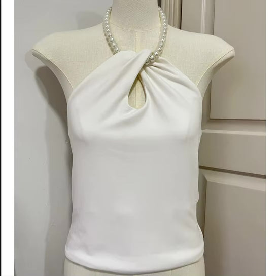 Haut Femme Sexy à Perles Col Licou Élégant et Dos Nu