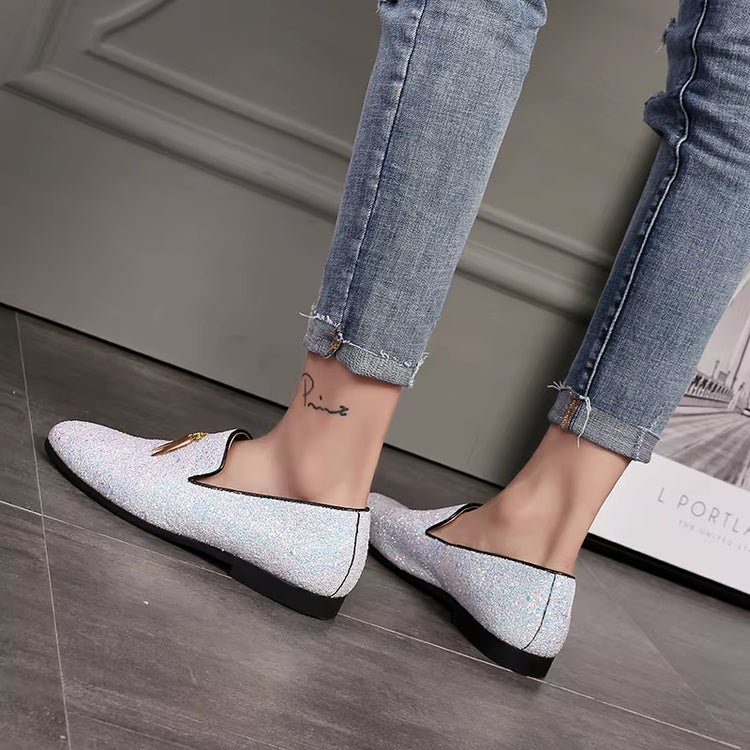 Size 38-48 Glitters Shining Material Slip on Durable Dress Shoes Comfortable Mens Formal White Shoes