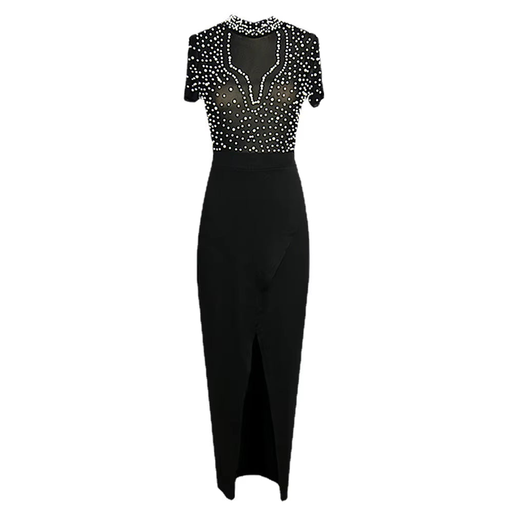 Ocstrade Lady Elegant Party Luxurious Sexy See-Through Tulle Beaded Pearls High Neck Short Sleeve Split Women&