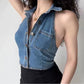 Gilet Femme en Jean Court, Col Licou, Dos Nu, Style Rétro & Sexy