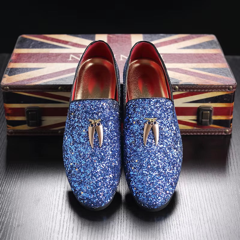 Size 38-48 Glitters Shining Material Slip on Durable Dress Shoes Comfortable Mens Formal White Shoes