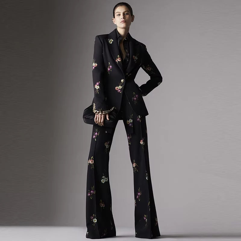 New Arrivals Dropshipping Fashion and Elegant Floral Printed Blazer and Flared Pants Suit Two-Piece Set Women
