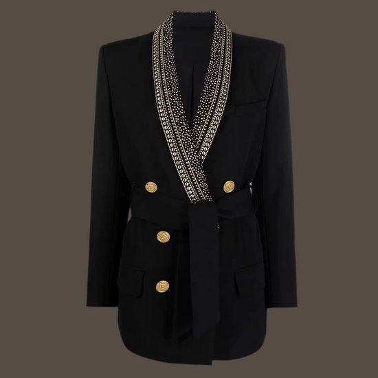Blazer Long Élégant pour Femme avec Perles Métalliques Chic et Raffiné