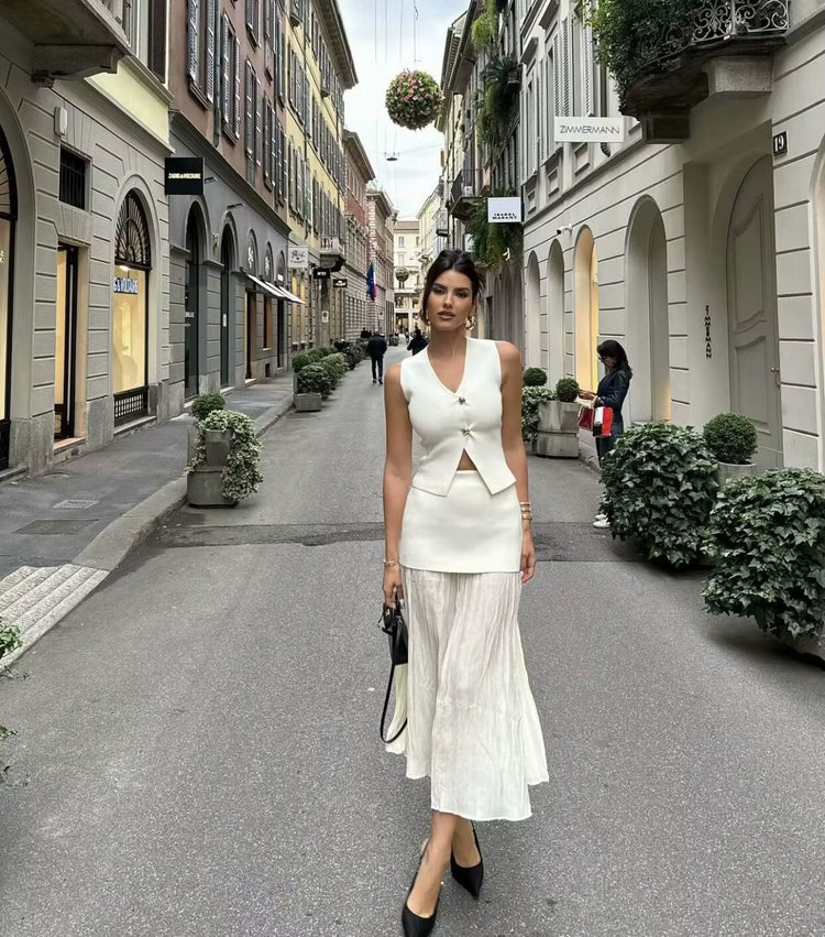 Ohsisa 2025 European and American Summer New Set V-Neck Solid Color Button Knitted Vest+Pleated Half Skirt Women&