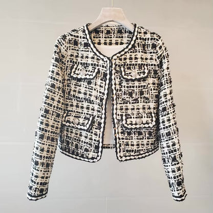 Veste Courte Femme en Tweed Motif à Carreaux, Coupe Printanière Élégante