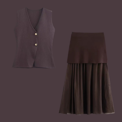 Ensemble Femme Été Gilet Tricoté Col V & Jupe Plissée Mi-Longue