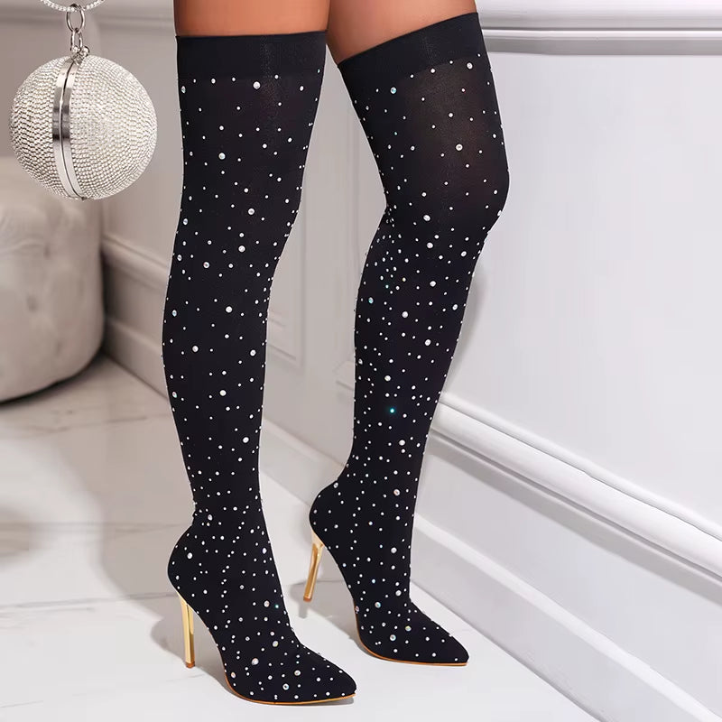 Zapatos 2024 New Rhinestone Heels Pointed Toe Fashion Shoes Stiletto Sexy Sock Boots for Women