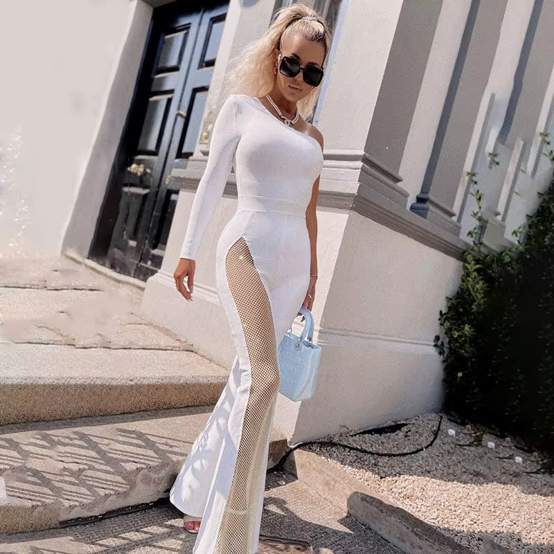 Ocstrade New Style Female Streetwear Solid Sexy Hot Women Mesh Sides Diamond One Shoulder Long Sleeves One-Piece Pants Jumpsuit