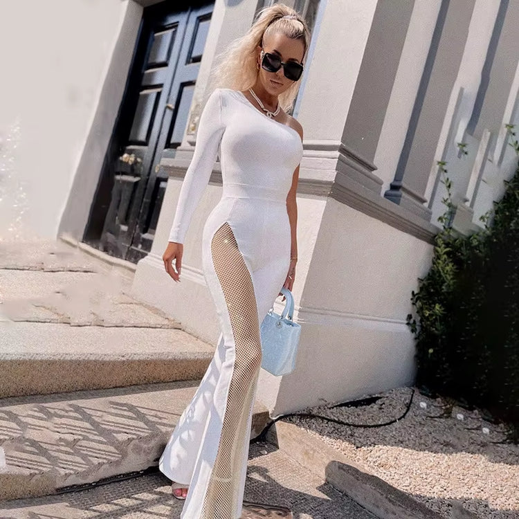 Ocstrade New Style Female Streetwear Solid Sexy Hot Women Mesh Sides Diamond One Shoulder Long Sleeves One-Piece Pants Jumpsuit