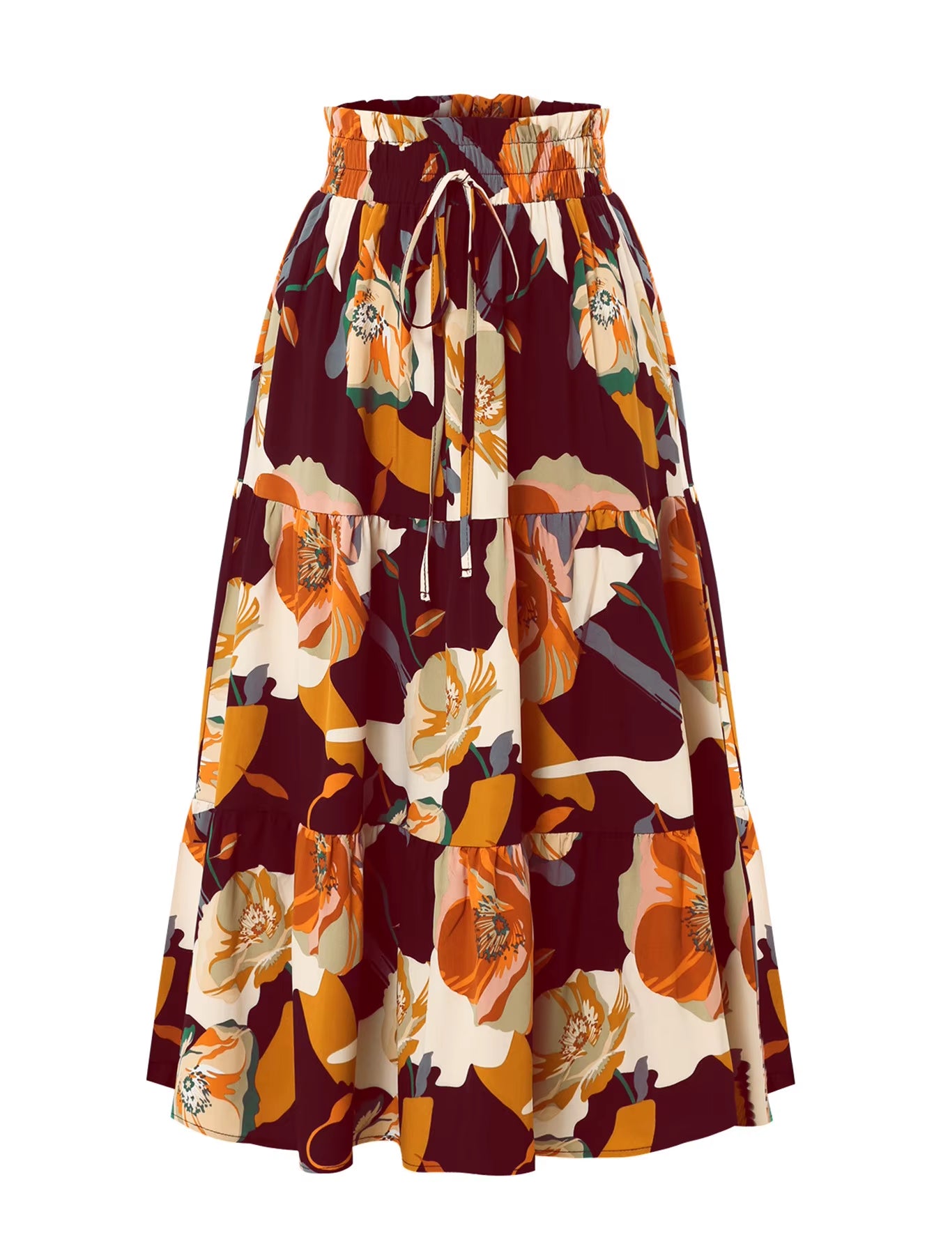 2025 Summer New Skirt Fashion Vacation Printed Folded Flower Elastic Waist Casual Long Women&