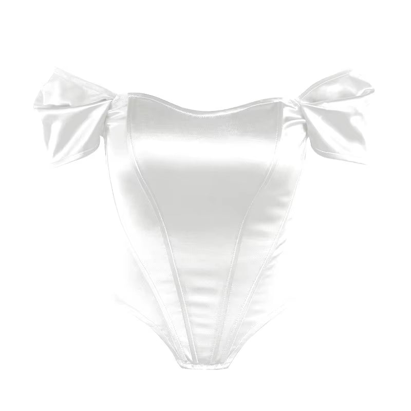 Women Summer Satin Vest Tops Female off Shoulder Slim Tops Fishbone Corset Waistband Europe New Fashion Sexy T-Shirt Tops Vest