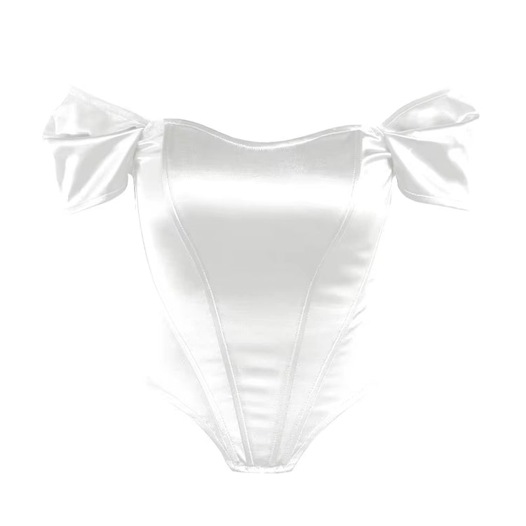 Women Summer Satin Vest Tops Female off Shoulder Slim Tops Fishbone Corset Waistband Europe New Fashion Sexy T-Shirt Tops Vest