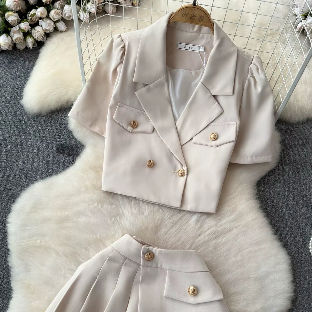 Summer Casual 2 Piece Set for Women Puff Sleeve Asymmetric Crop Top and High Waist Set Clothing Wholesale