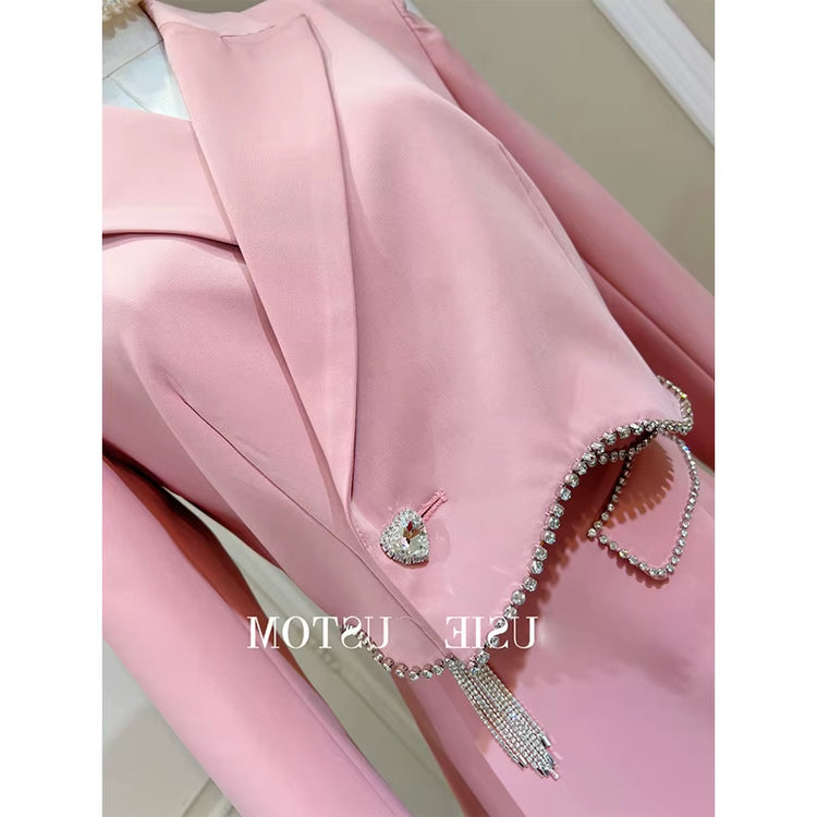 New Arrivals Dropshipping High Quality Hot Fashion and Elegant Crystal Beading Pink Short and Jacket Suits for Ladies