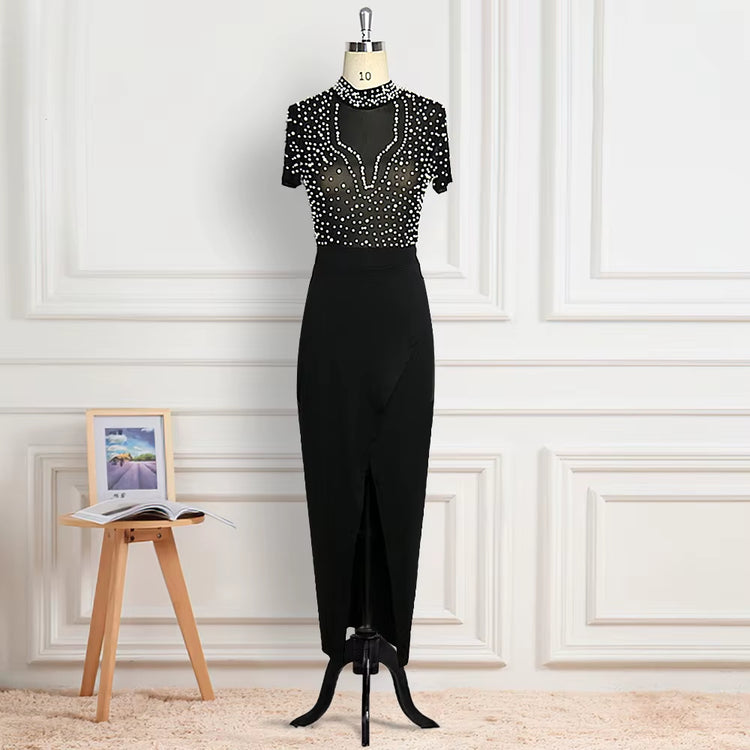 Ocstrade Lady Elegant Party Luxurious Sexy See-Through Tulle Beaded Pearls High Neck Short Sleeve Split Women&