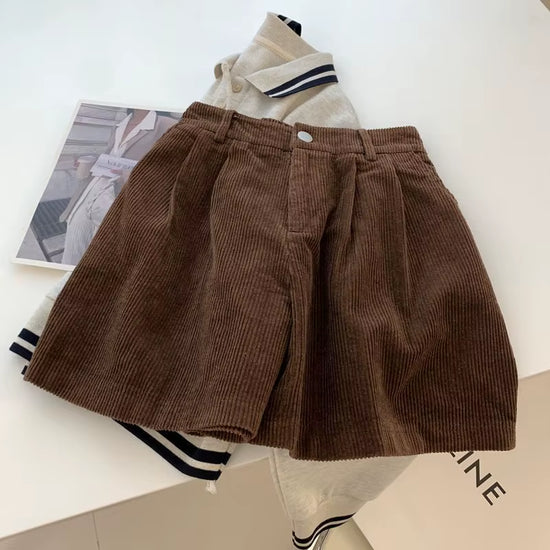 Ohsisa Autumn Winter Women High Waist Casual Short Pants Loose Corduroy Thick plus Size Wide Leg Pocket Shorts