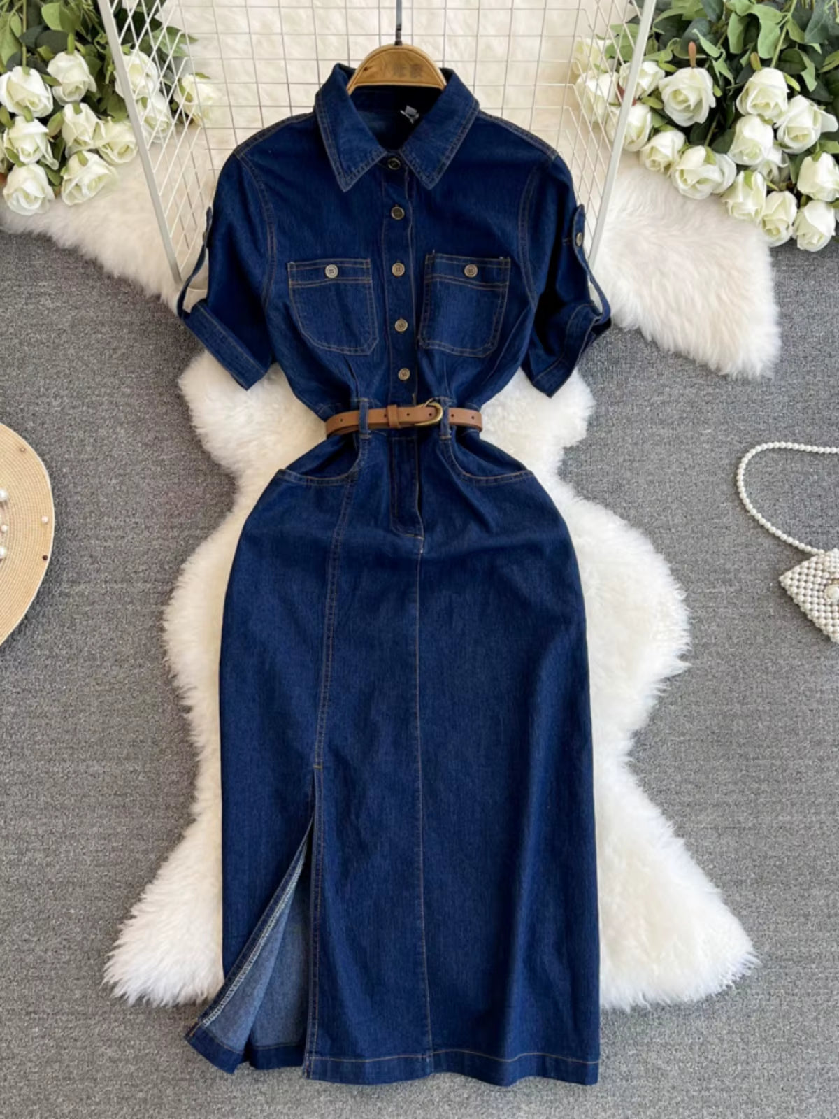 Retro Denim Dress for Women 2024 Summer New Collection Belt Slimming Short Sleeved Shirt Dress