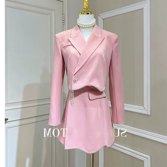 New Arrivals Dropshipping High Quality Hot Fashion and Elegant Crystal Beading Pink Short and Jacket Suits for Ladies