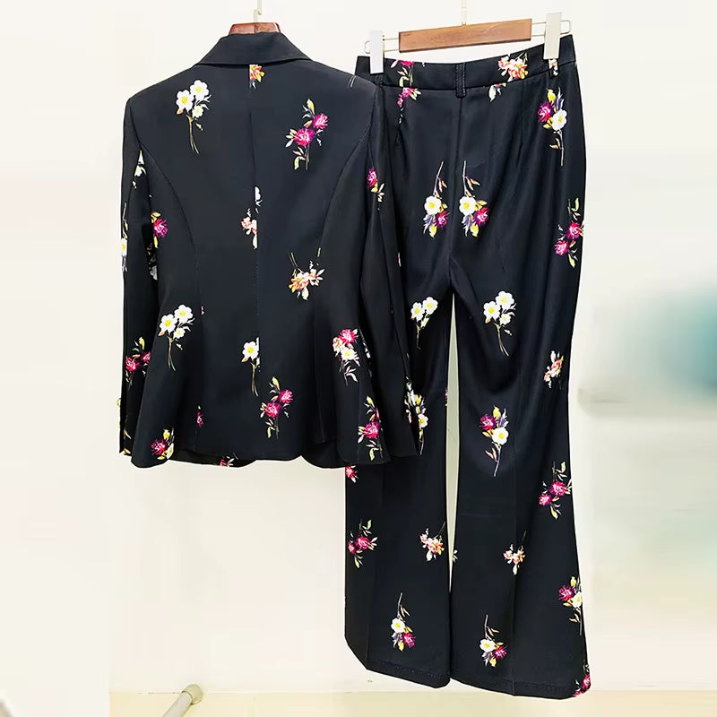 New Arrivals Dropshipping Fashion and Elegant Floral Printed Blazer and Flared Pants Suit Two-Piece Set Women
