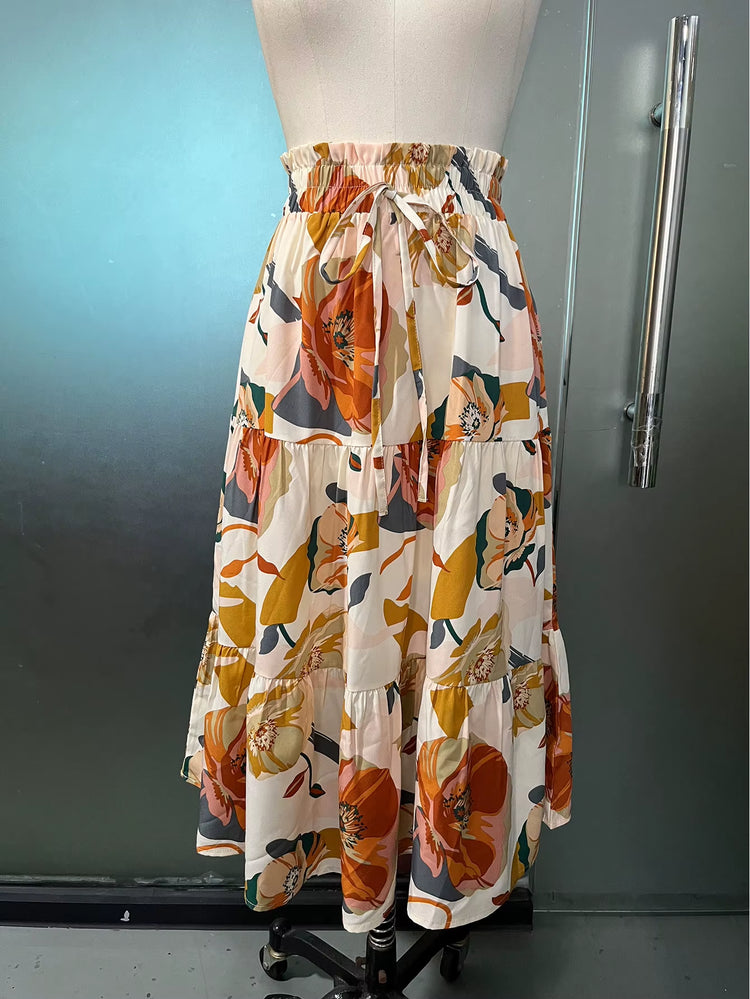 2025 Summer New Skirt Fashion Vacation Printed Folded Flower Elastic Waist Casual Long Women&