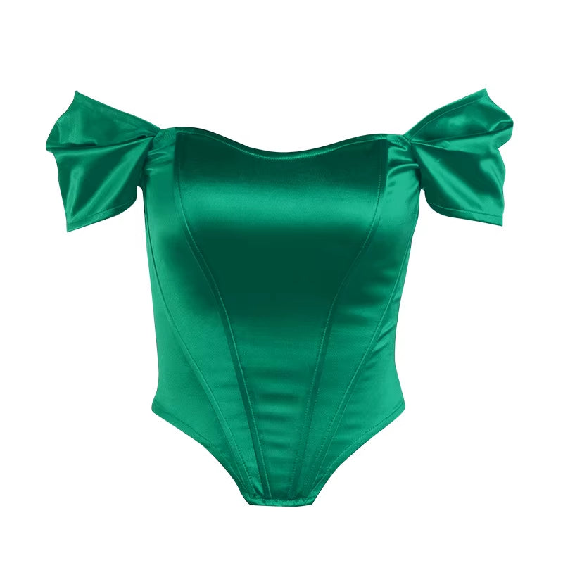 Women Summer Satin Vest Tops Female off Shoulder Slim Tops Fishbone Corset Waistband Europe New Fashion Sexy T-Shirt Tops Vest