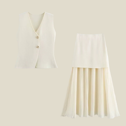 Ensemble Femme Été Gilet Tricoté Col V & Jupe Plissée Mi-Longue