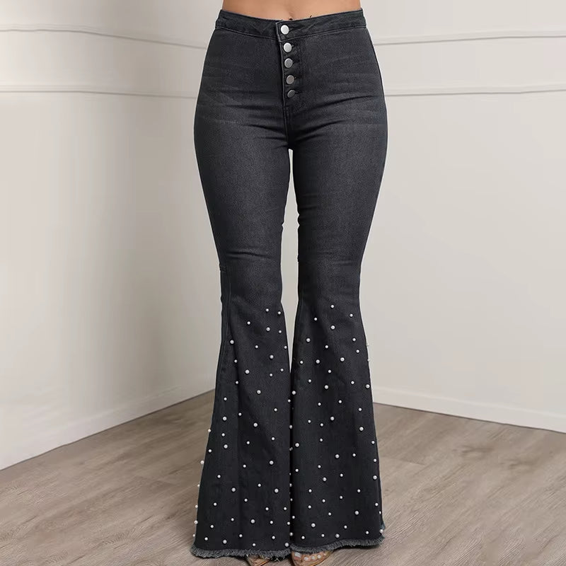 Wholesale Women Long Jeans Beading Solid Color Girls Street New Fashion Flared Trousers Pants Casual Denim Jeans