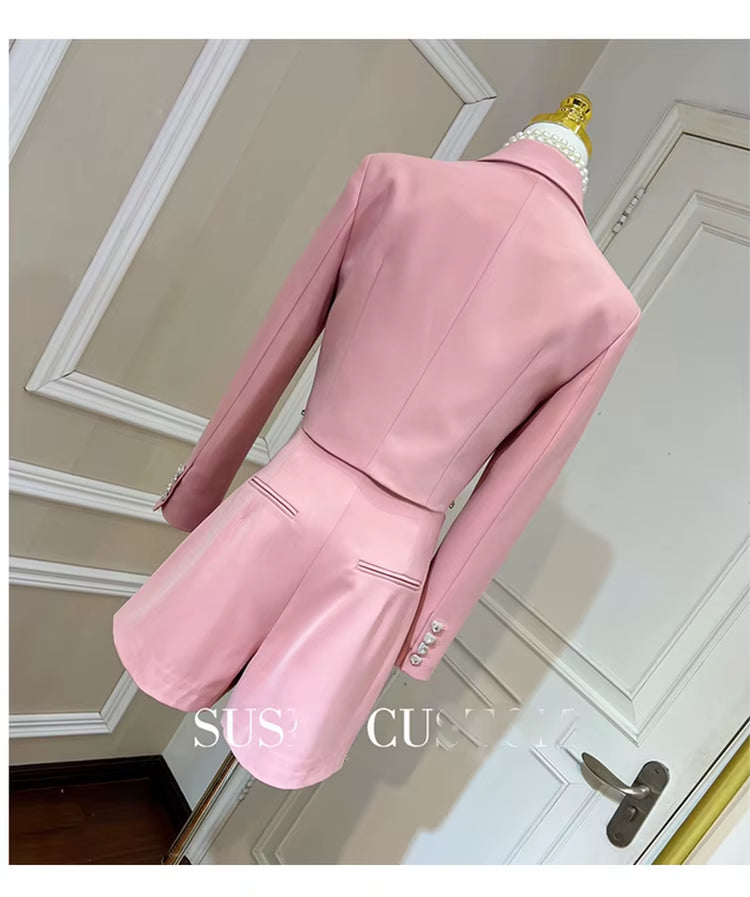 New Arrivals Dropshipping High Quality Hot Fashion and Elegant Crystal Beading Pink Short and Jacket Suits for Ladies