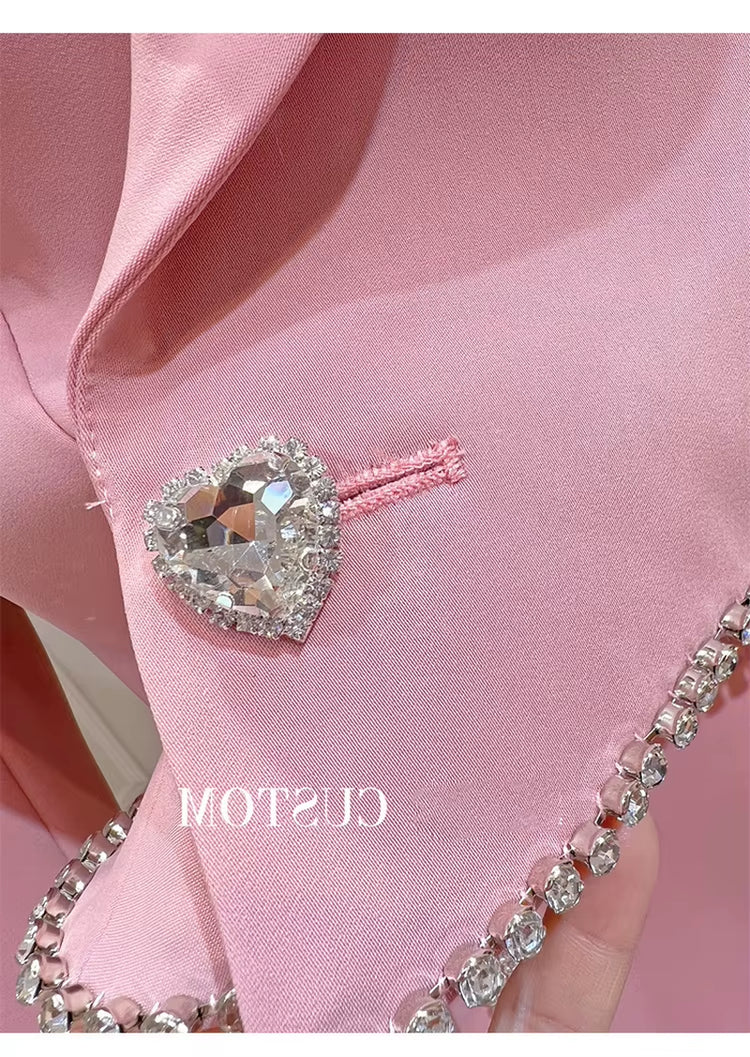 New Arrivals Dropshipping High Quality Hot Fashion and Elegant Crystal Beading Pink Short and Jacket Suits for Ladies