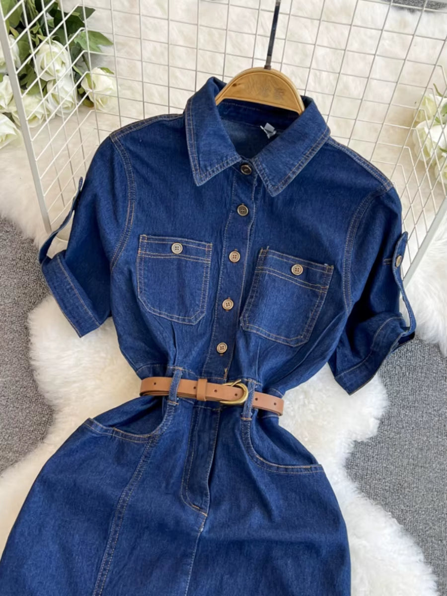Retro Denim Dress for Women 2024 Summer New Collection Belt Slimming Short Sleeved Shirt Dress