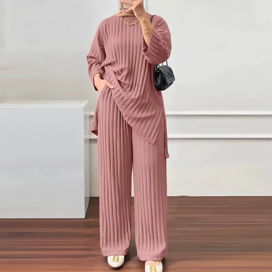 S-5XL Ohsisa 2025 Autumn Winter New Set Casual Soild Color Long Sleeve Top + Wide Legs Sports 2-Piece Women'S Set