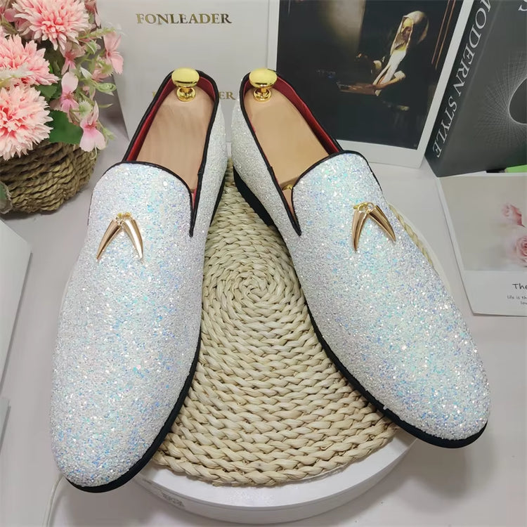 Size 38-48 Glitters Shining Material Slip on Durable Dress Shoes Comfortable Mens Formal White Shoes