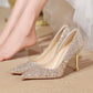 Women Sequin High Heeled Pointed Toe Shoes Evening Party Wedding Gold & Silver Lady Cocktail Slip-On Thin Heel Shoes