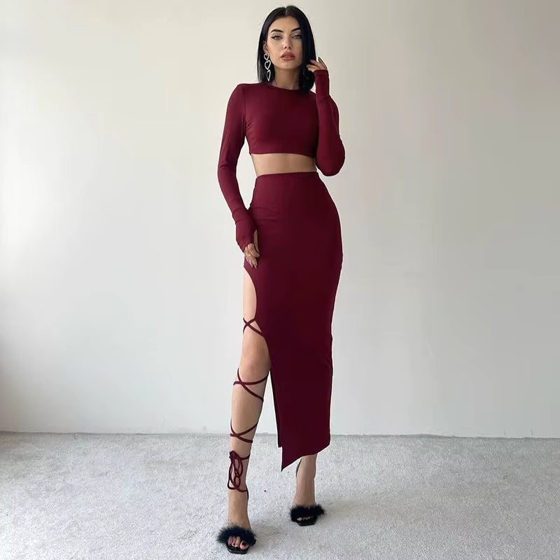 2025 Autumn New Pure Color Casual Long-Sleeved Neck Top Slim Strap Skirt Suit Short Length Tops Woman Suit