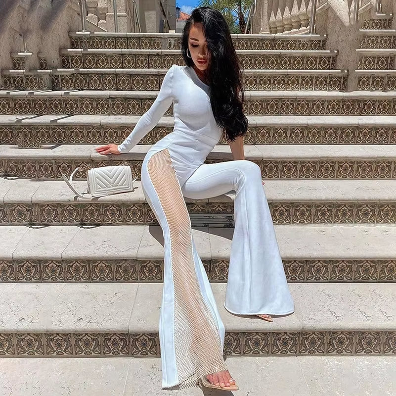 Ocstrade New Style Female Streetwear Solid Sexy Hot Women Mesh Sides Diamond One Shoulder Long Sleeves One-Piece Pants Jumpsuit