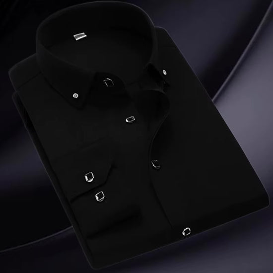 Chemise Homme Printemps Élégante Manches Longues, Boutons Diamantés, Coupe Professionnelle Unicolore