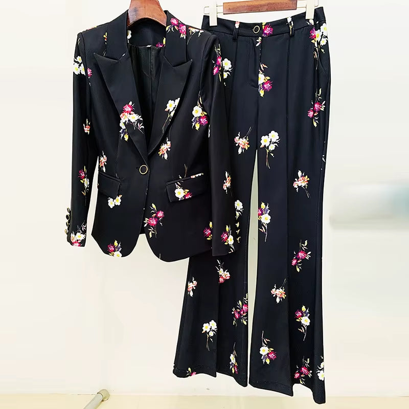 New Arrivals Dropshipping Fashion and Elegant Floral Printed Blazer and Flared Pants Suit Two-Piece Set Women