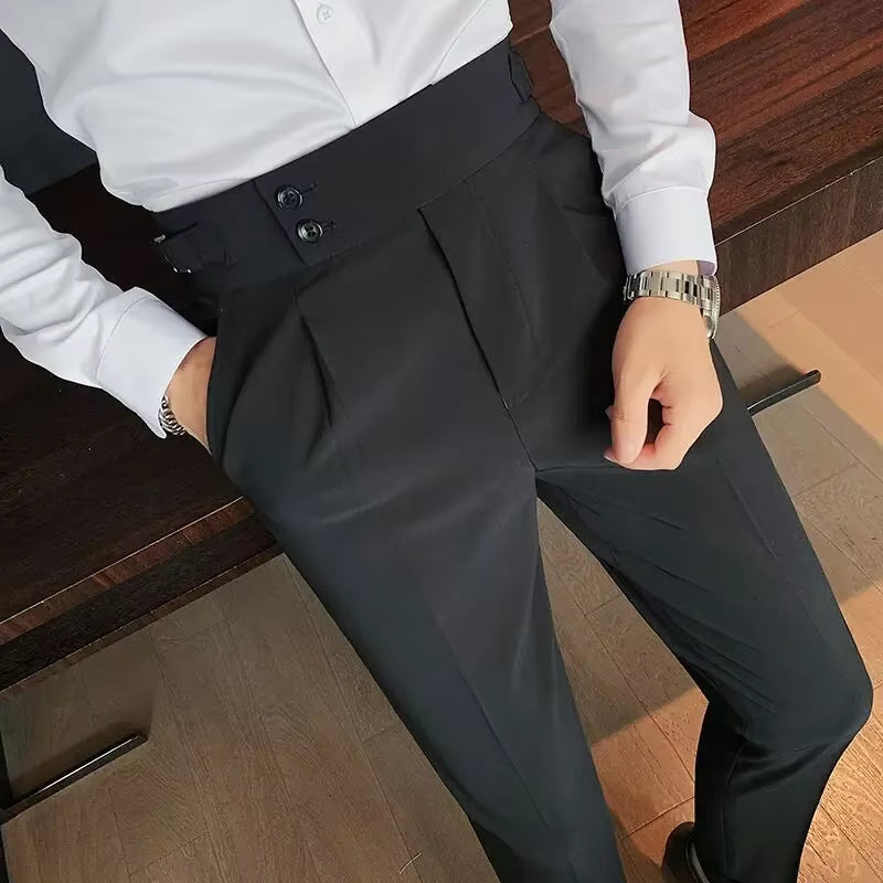 Stylish Business Pleated Suit Pants Trendy Fashion High Waist Casual Slim Fit Vintage Pencil Trousers for Male Office Dress 1 Pc