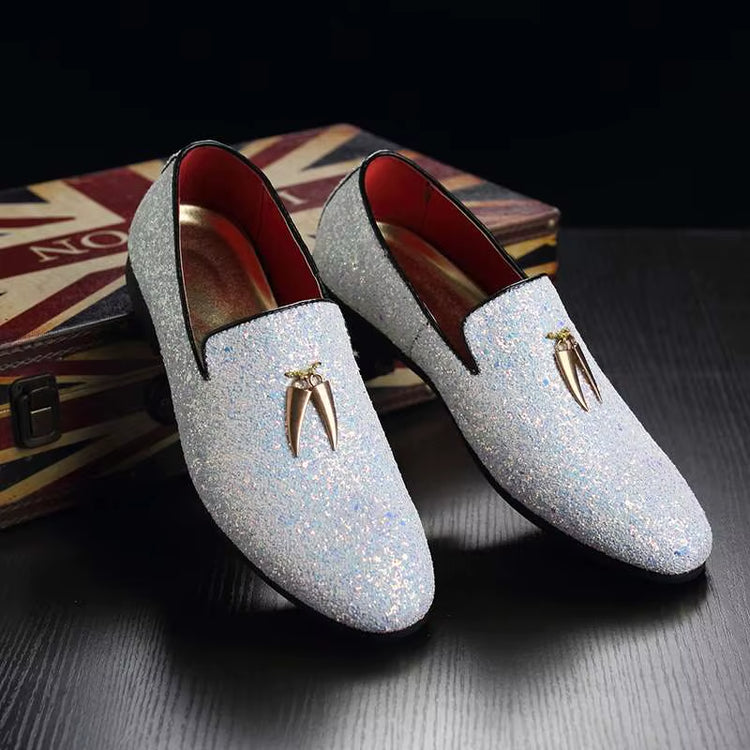 Size 38-48 Glitters Shining Material Slip on Durable Dress Shoes Comfortable Mens Formal White Shoes