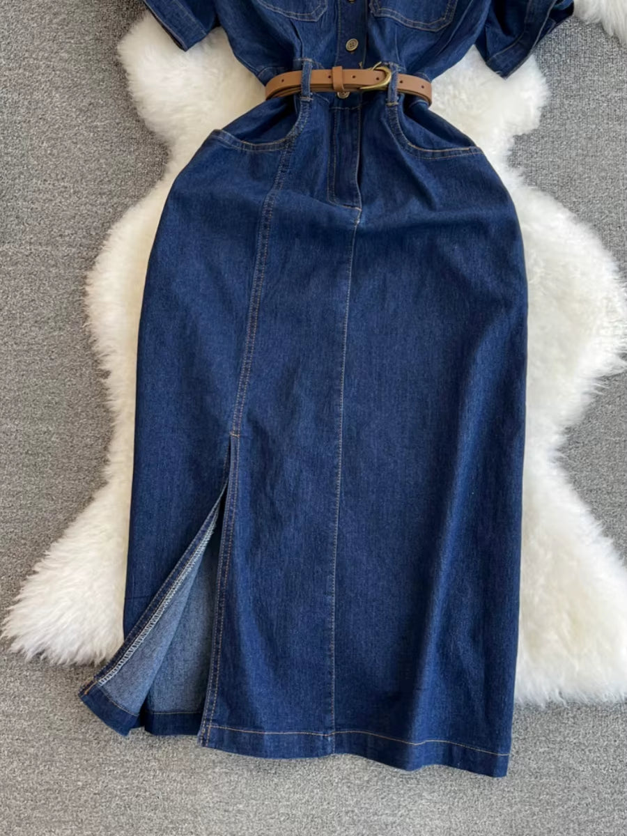Retro Denim Dress for Women 2024 Summer New Collection Belt Slimming Short Sleeved Shirt Dress