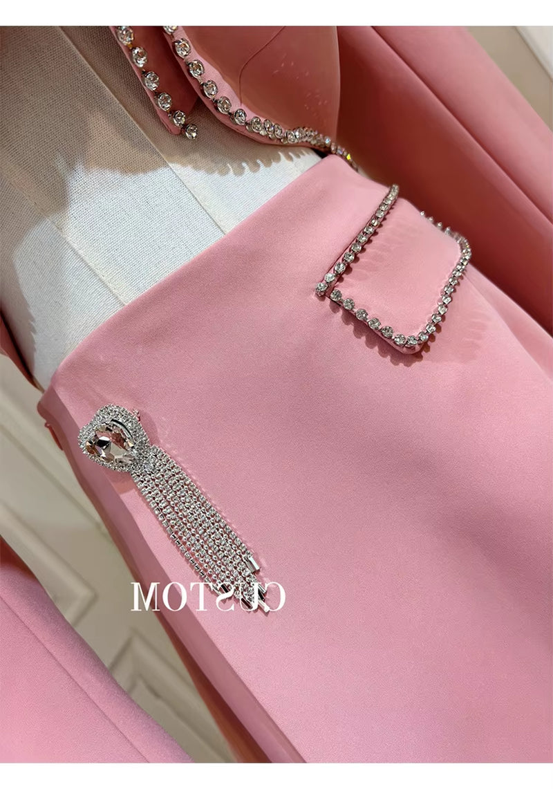 New Arrivals Dropshipping High Quality Hot Fashion and Elegant Crystal Beading Pink Short and Jacket Suits for Ladies