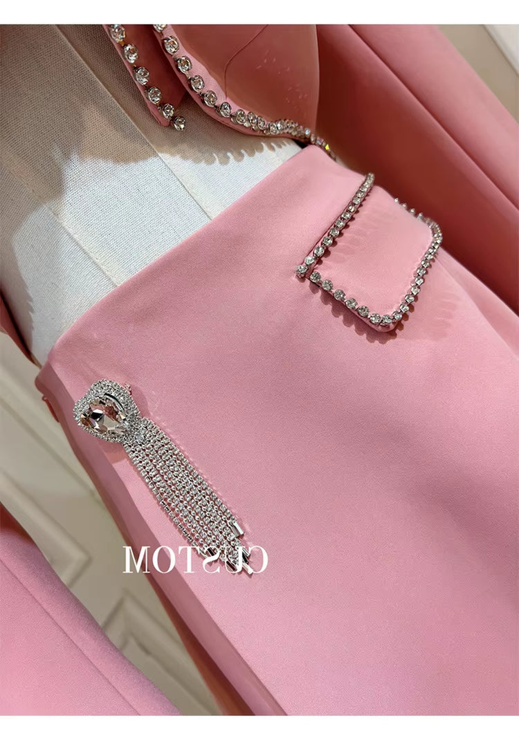 New Arrivals Dropshipping High Quality Hot Fashion and Elegant Crystal Beading Pink Short and Jacket Suits for Ladies