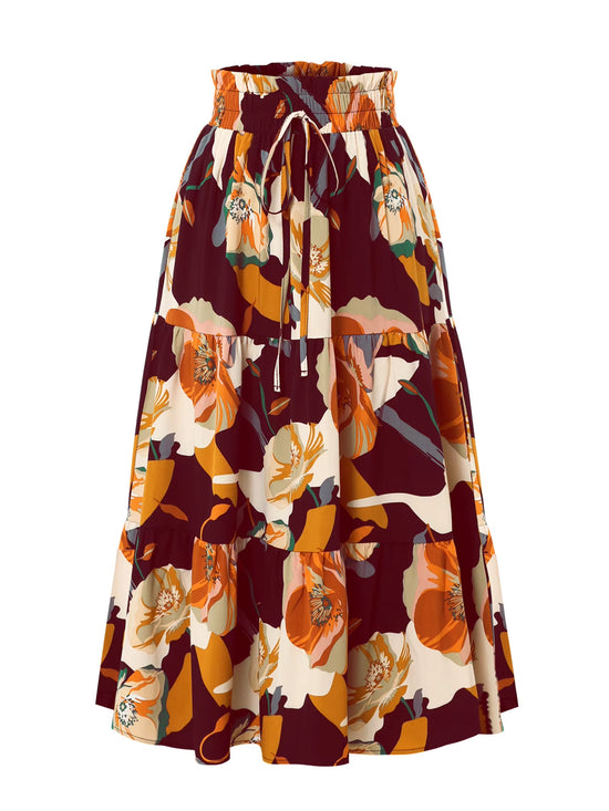 2025 Summer New Skirt Fashion Vacation Printed Folded Flower Elastic Waist Casual Long Women'S Skirt