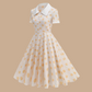 Robe Élégante Jaune à Pois Style Rétro Années 50, Col Revers et Manches Courtes
