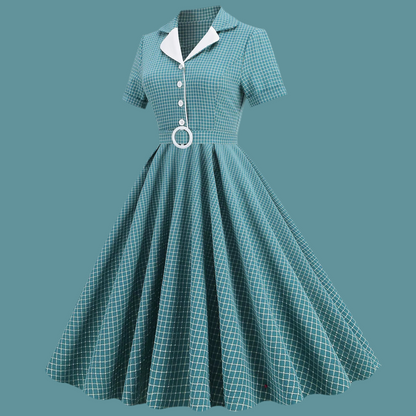 Ohsisa Zomer Retro 50S 60S 70S Rockabilly Jurk V-hals Kraag Grote Swing Slanke Strik Geruite Feestjurk