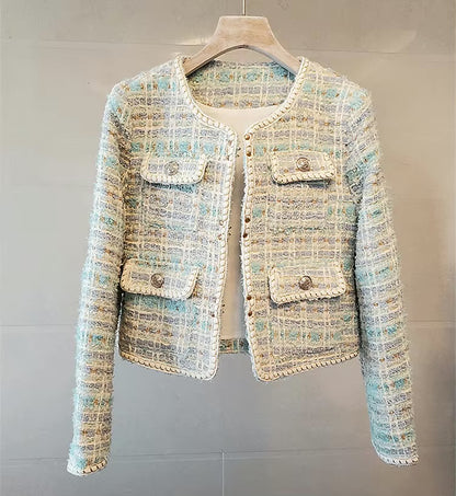 Veste Courte Femme en Tweed Motif à Carreaux, Coupe Printanière Élégante